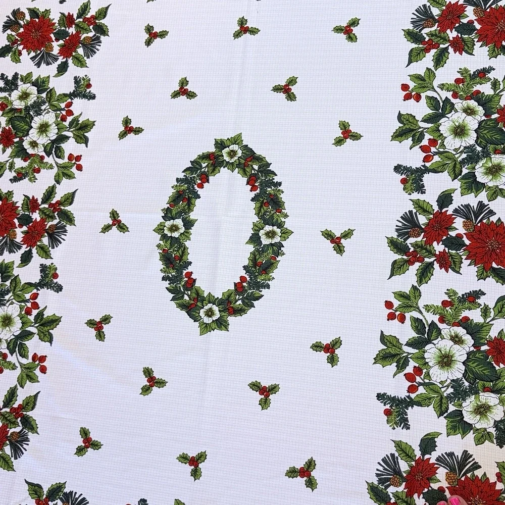 VTG Christmas Tablecloth 54x65 Poinsettia Holly Wreath Floral Holiday Red White